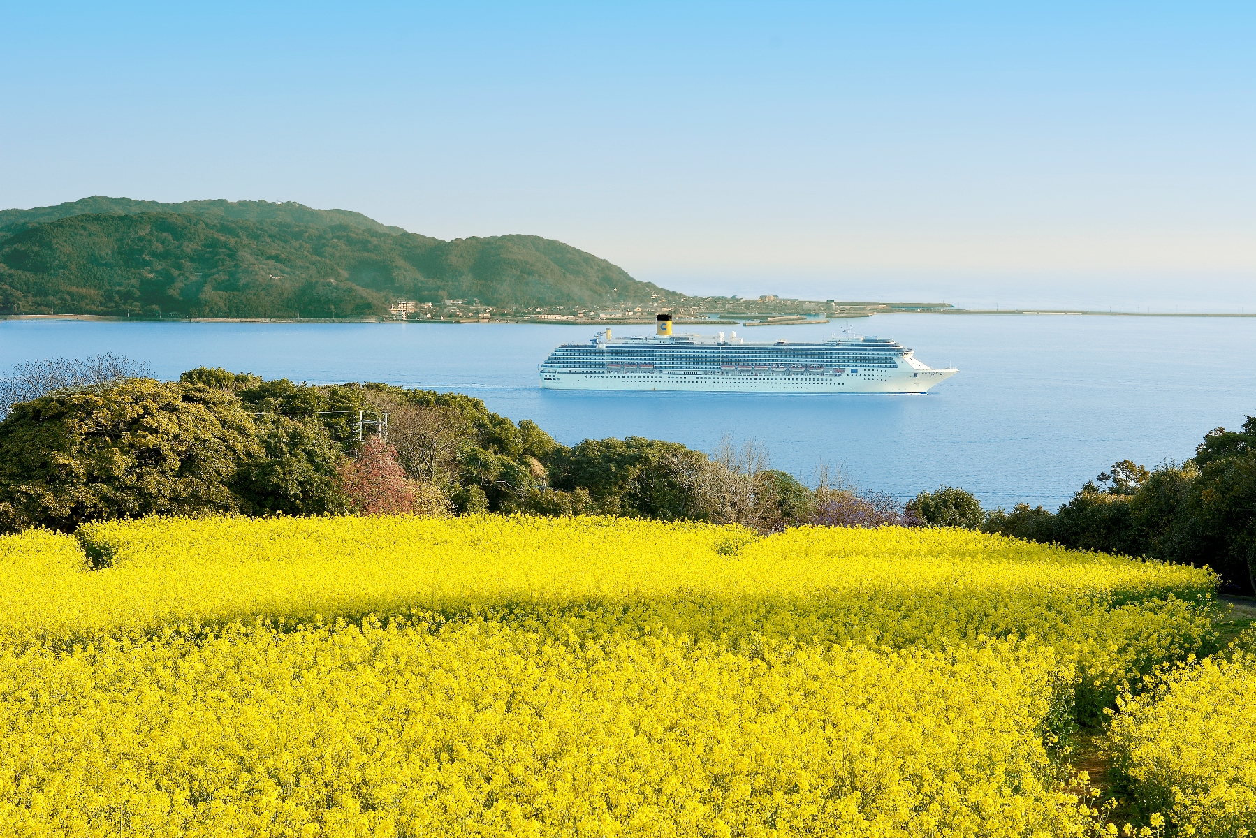 能古島とクルーズ船　コスタ・アトランチカ(2014)の画像